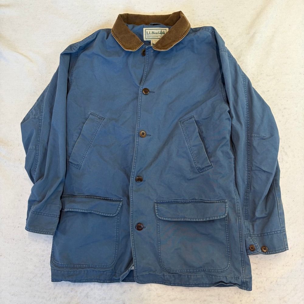 LL Bean Field Coat Mens L Tall Blue Canvas Corduroy Collar Barn Jacket DBGW7
